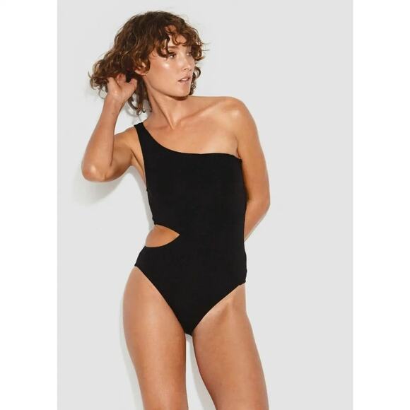 Anthropologie Seafolly Active One Shoulder Cutout Black Swimsuit One Piece 12 - Picture 1 of 5